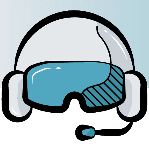 Illustration of a pilot helmet with a teal visor and a headset microphone